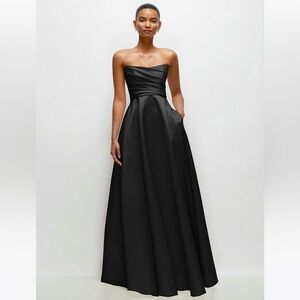 new Dessy Collection Talia draped cat eye strapless gown in black satin twill
